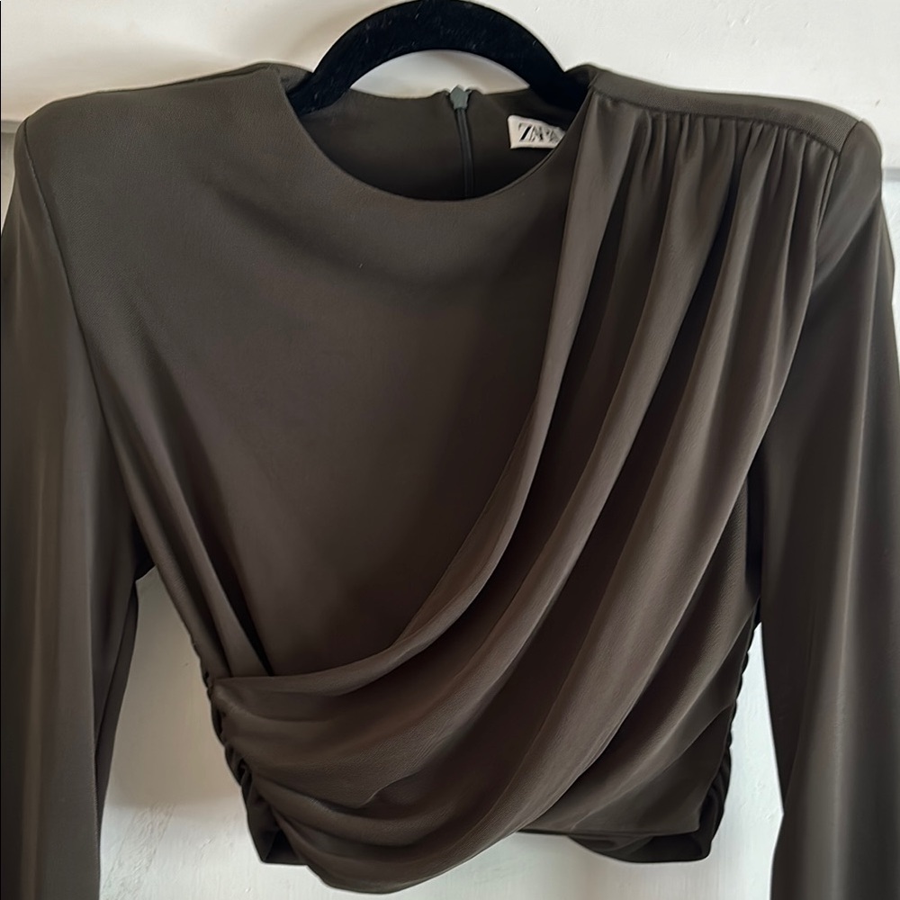 ZARA Shoulder-padded Olive Drape Long Sleeve Crop Top
